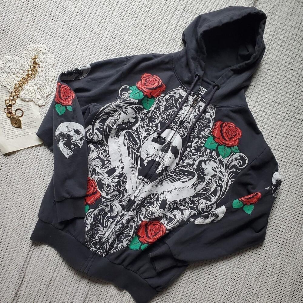 Y2k inspired skull graphic full zip hooded sweatshirt